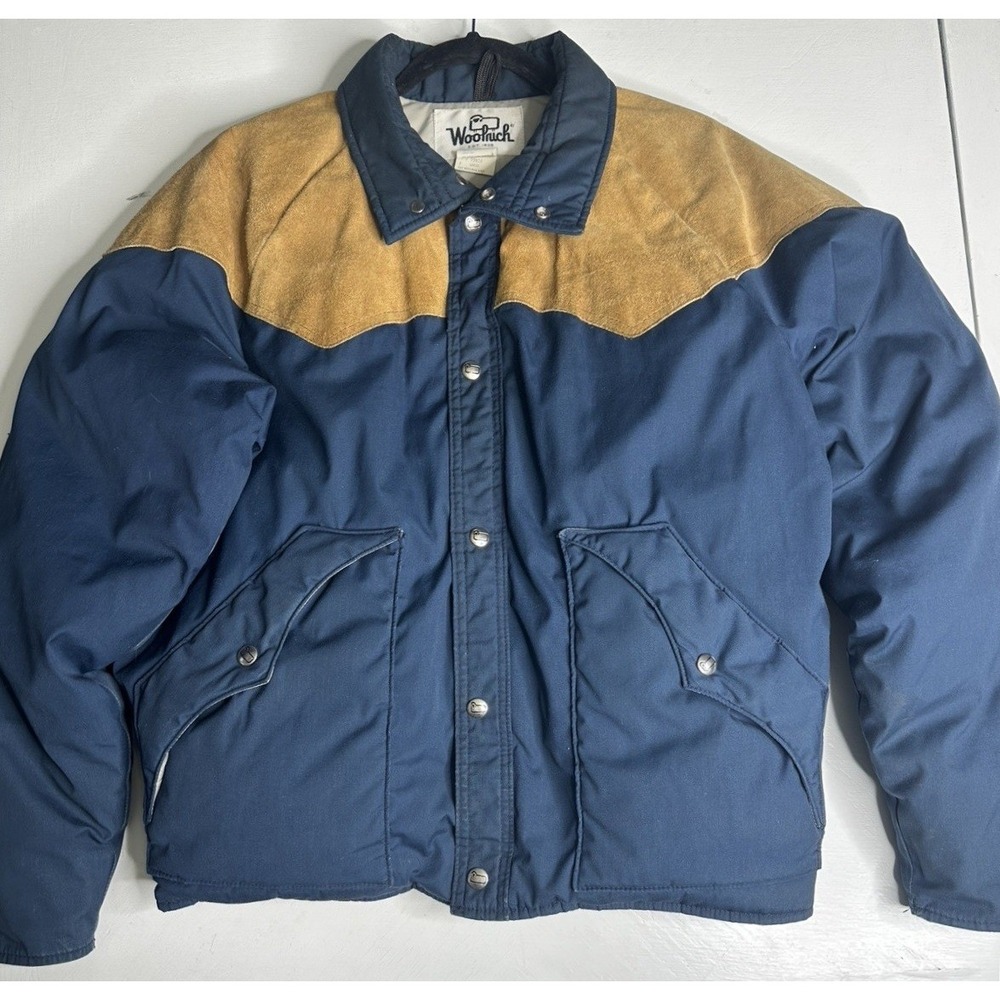 Woolrich Vintage Mens Large Down Puffer Jacket Navy Blue Suede Western Yoke